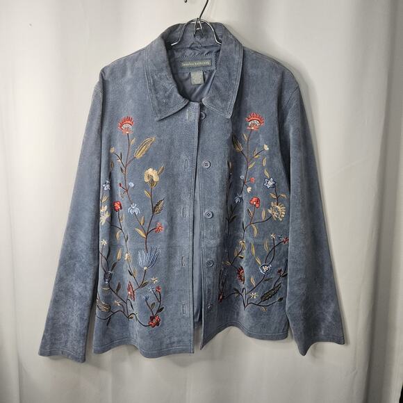 Jessica Holbrook Jacket Womens 1X Blue Suede Leather Floral Embroidered Artsy - Picture 5 of 8